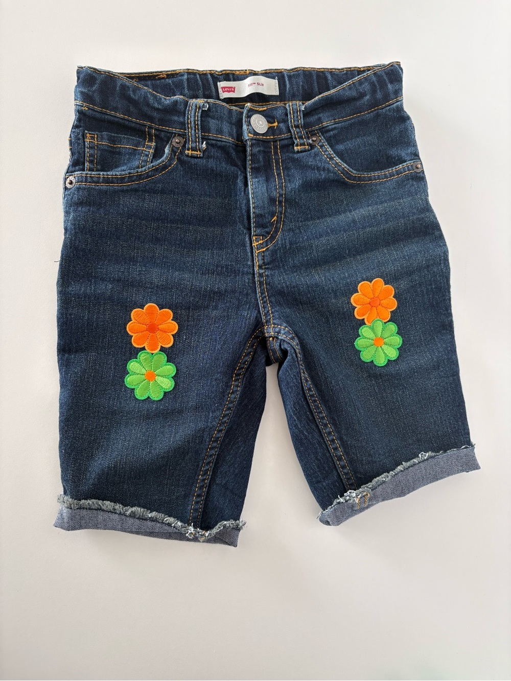 Levi's Dark Blue Denim Girls Shorts with Orange & Green Flower Patches 7X